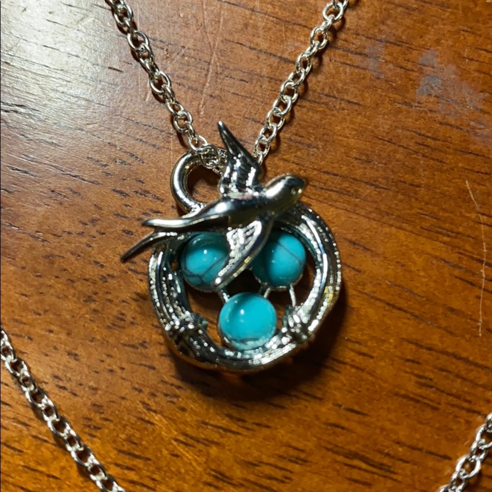 🌱 Beautiful Silver bird and eggs in nest Necklace